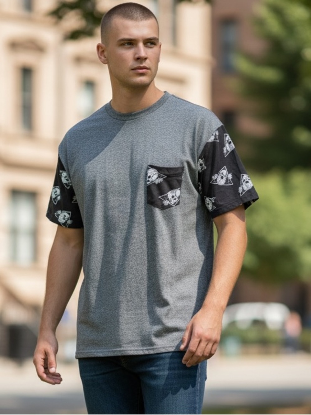 WXYZ MFG CO Skull Graphic Pocket Tee XL Gray Black Streetwear Skater Goth